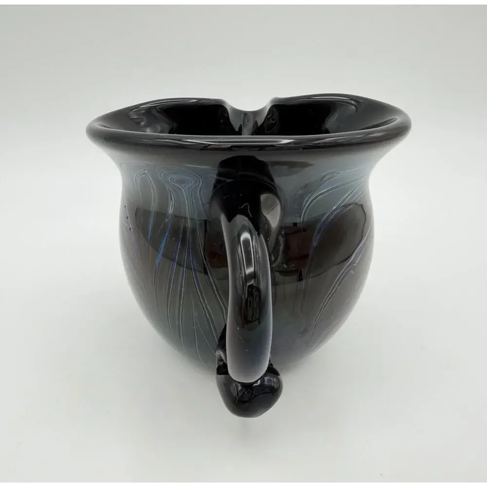 Hand Blown Black Glass Creamer Pitcher 3” Pulled Feather Design Signed Dated ‘72